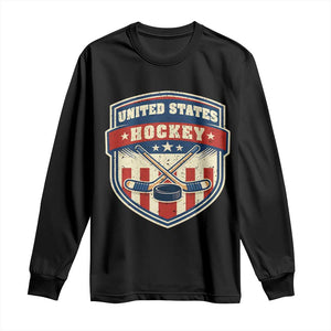 Hockey Crossed Sticks And Puck Retro USA Shield Flag Long Sleeve Shirt Red White Blue Striped Patriotic Sports Fan Pride Graphic TS02 Black Print Your Wear