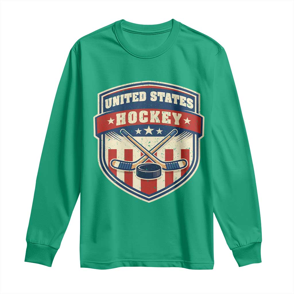 Hockey Crossed Sticks And Puck Retro USA Shield Flag Long Sleeve Shirt Red White Blue Striped Patriotic Sports Fan Pride Graphic TS02 Irish Green Print Your Wear