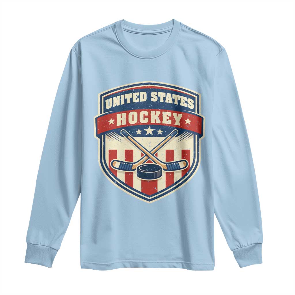 Hockey Crossed Sticks And Puck Retro USA Shield Flag Long Sleeve Shirt Red White Blue Striped Patriotic Sports Fan Pride Graphic TS02 Light Blue Print Your Wear