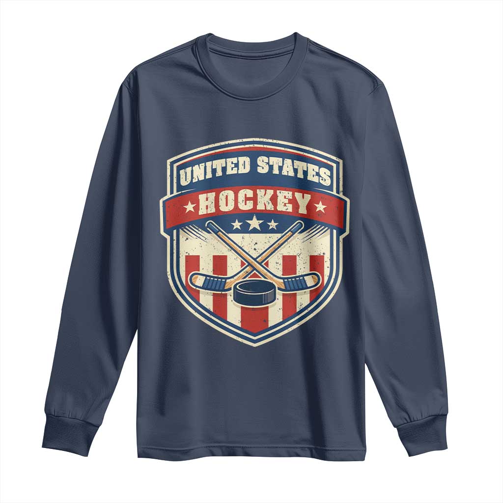 Hockey Crossed Sticks And Puck Retro USA Shield Flag Long Sleeve Shirt Red White Blue Striped Patriotic Sports Fan Pride Graphic TS02 Navy Print Your Wear