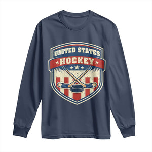 Hockey Crossed Sticks And Puck Retro USA Shield Flag Long Sleeve Shirt Red White Blue Striped Patriotic Sports Fan Pride Graphic TS02 Navy Print Your Wear
