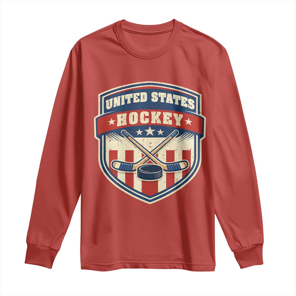 Hockey Crossed Sticks And Puck Retro USA Shield Flag Long Sleeve Shirt Red White Blue Striped Patriotic Sports Fan Pride Graphic TS02 Red Print Your Wear