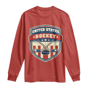 Hockey Crossed Sticks And Puck Retro USA Shield Flag Long Sleeve Shirt Red White Blue Striped Patriotic Sports Fan Pride Graphic TS02 Red Print Your Wear