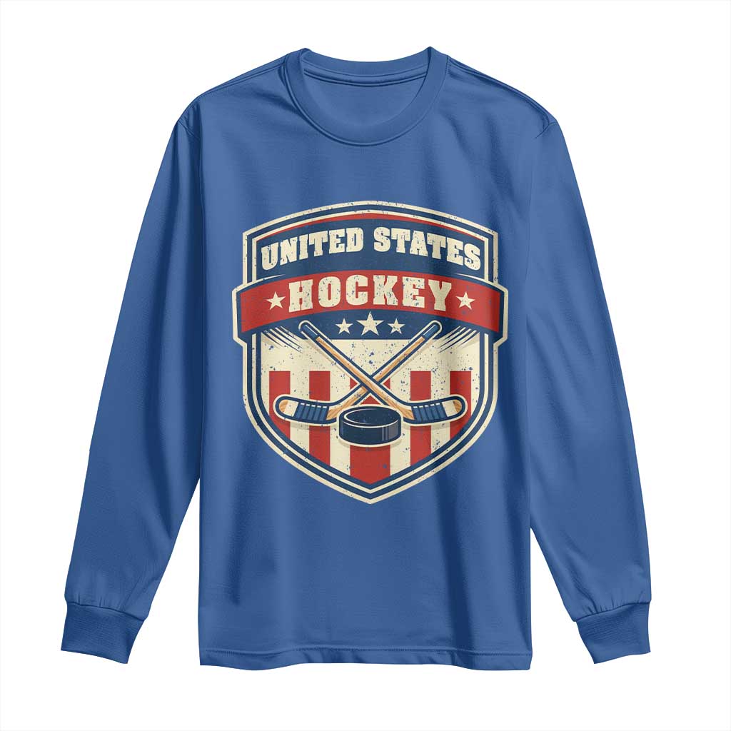Hockey Crossed Sticks And Puck Retro USA Shield Flag Long Sleeve Shirt Red White Blue Striped Patriotic Sports Fan Pride Graphic TS02 Royal Blue Print Your Wear