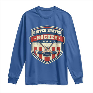 Hockey Crossed Sticks And Puck Retro USA Shield Flag Long Sleeve Shirt Red White Blue Striped Patriotic Sports Fan Pride Graphic TS02 Royal Blue Print Your Wear