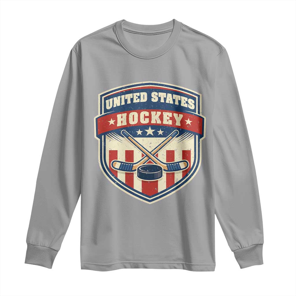 Hockey Crossed Sticks And Puck Retro USA Shield Flag Long Sleeve Shirt Red White Blue Striped Patriotic Sports Fan Pride Graphic TS02 Sport Gray Print Your Wear