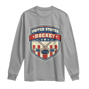 Hockey Crossed Sticks And Puck Retro USA Shield Flag Long Sleeve Shirt Red White Blue Striped Patriotic Sports Fan Pride Graphic TS02 Sport Gray Print Your Wear