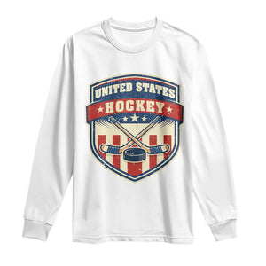 Hockey Crossed Sticks And Puck Retro USA Shield Flag Long Sleeve Shirt Red White Blue Striped Patriotic Sports Fan Pride Graphic TS02 White Print Your Wear