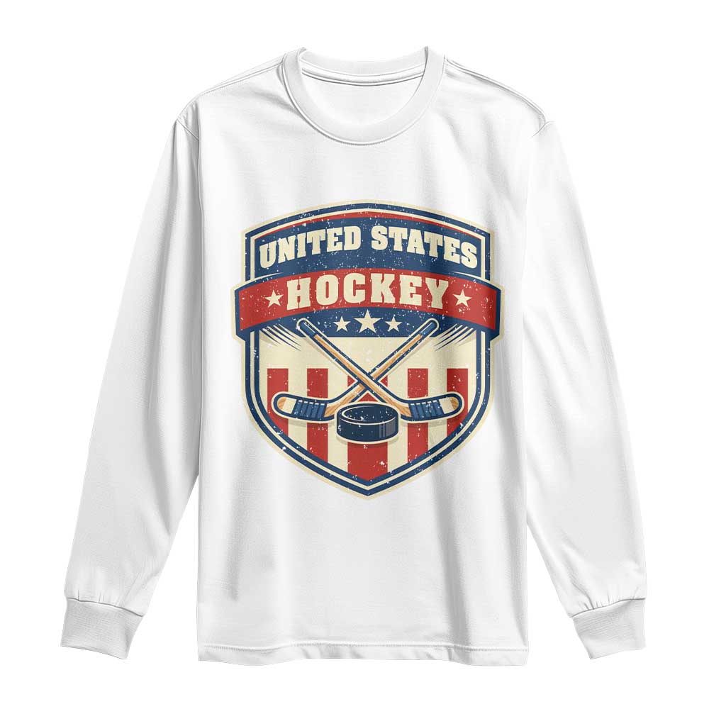 Hockey Crossed Sticks And Puck Retro USA Shield Flag Long Sleeve Shirt Red White Blue Striped Patriotic Sports Fan Pride Graphic TS02 White Print Your Wear
