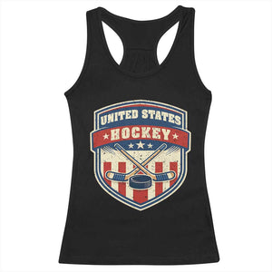 Hockey Crossed Sticks And Puck Retro USA Shield Flag Racerback Tank Top Red White Blue Striped Patriotic Sports Fan Pride Graphic TS02 Black Print Your Wear