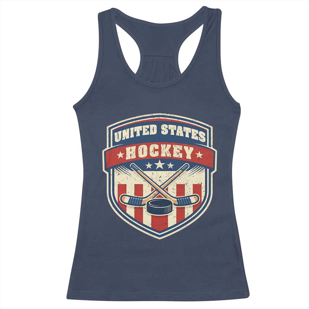 Hockey Crossed Sticks And Puck Retro USA Shield Flag Racerback Tank Top Red White Blue Striped Patriotic Sports Fan Pride Graphic TS02 Navy Print Your Wear