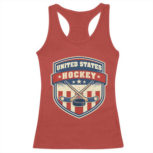 Hockey Crossed Sticks And Puck Retro USA Shield Flag Racerback Tank Top Red White Blue Striped Patriotic Sports Fan Pride Graphic TS02 Red Print Your Wear