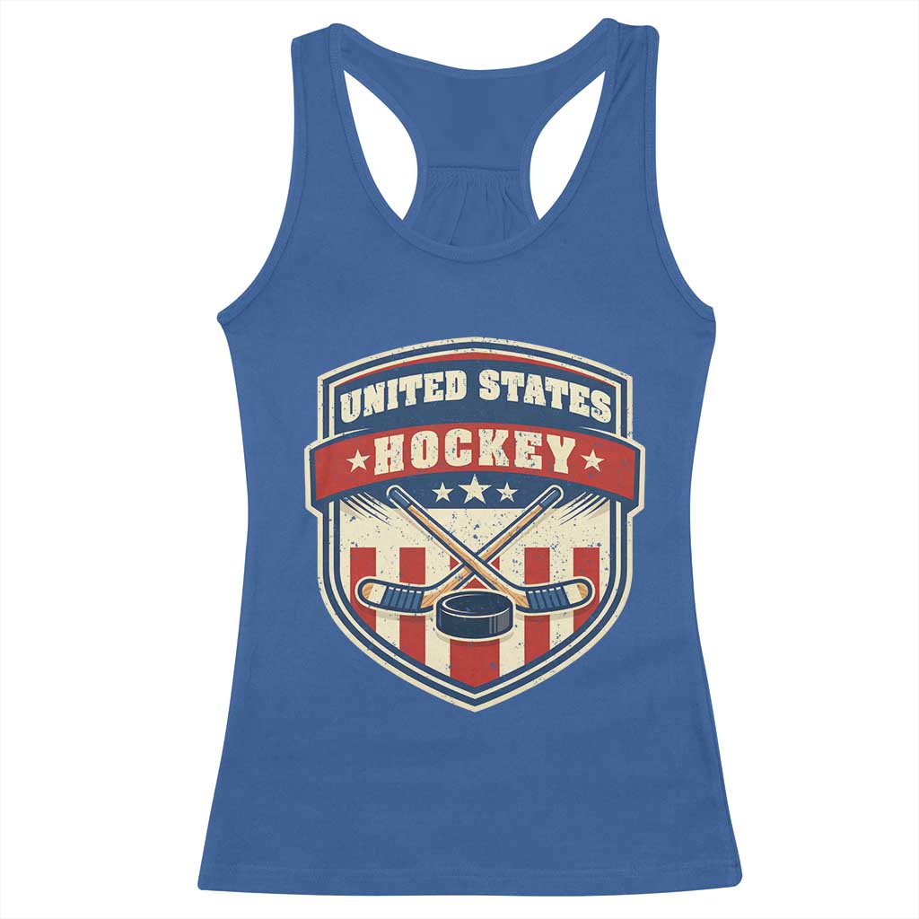 Hockey Crossed Sticks And Puck Retro USA Shield Flag Racerback Tank Top Red White Blue Striped Patriotic Sports Fan Pride Graphic TS02 Royal Blue Print Your Wear