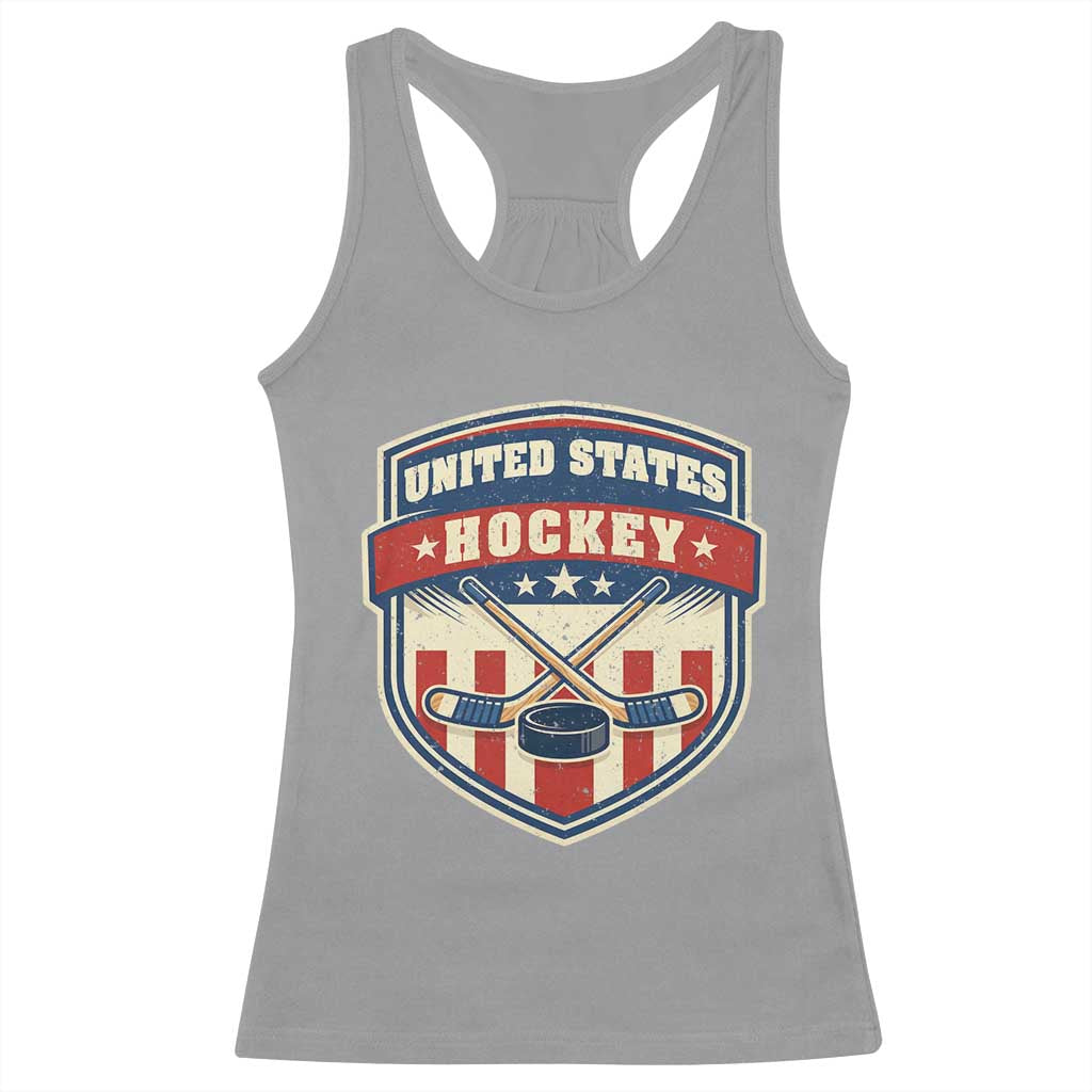 Hockey Crossed Sticks And Puck Retro USA Shield Flag Racerback Tank Top Red White Blue Striped Patriotic Sports Fan Pride Graphic TS02 Sport Gray Print Your Wear