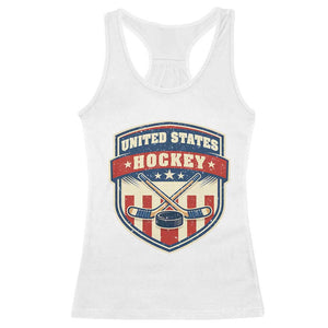 Hockey Crossed Sticks And Puck Retro USA Shield Flag Racerback Tank Top Red White Blue Striped Patriotic Sports Fan Pride Graphic TS02 White Print Your Wear