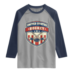 Hockey Crossed Sticks And Puck Retro USA Shield Flag Raglan Shirt Red White Blue Striped Patriotic Sports Fan Pride Graphic TS02 Sport Gray Navy Print Your Wear