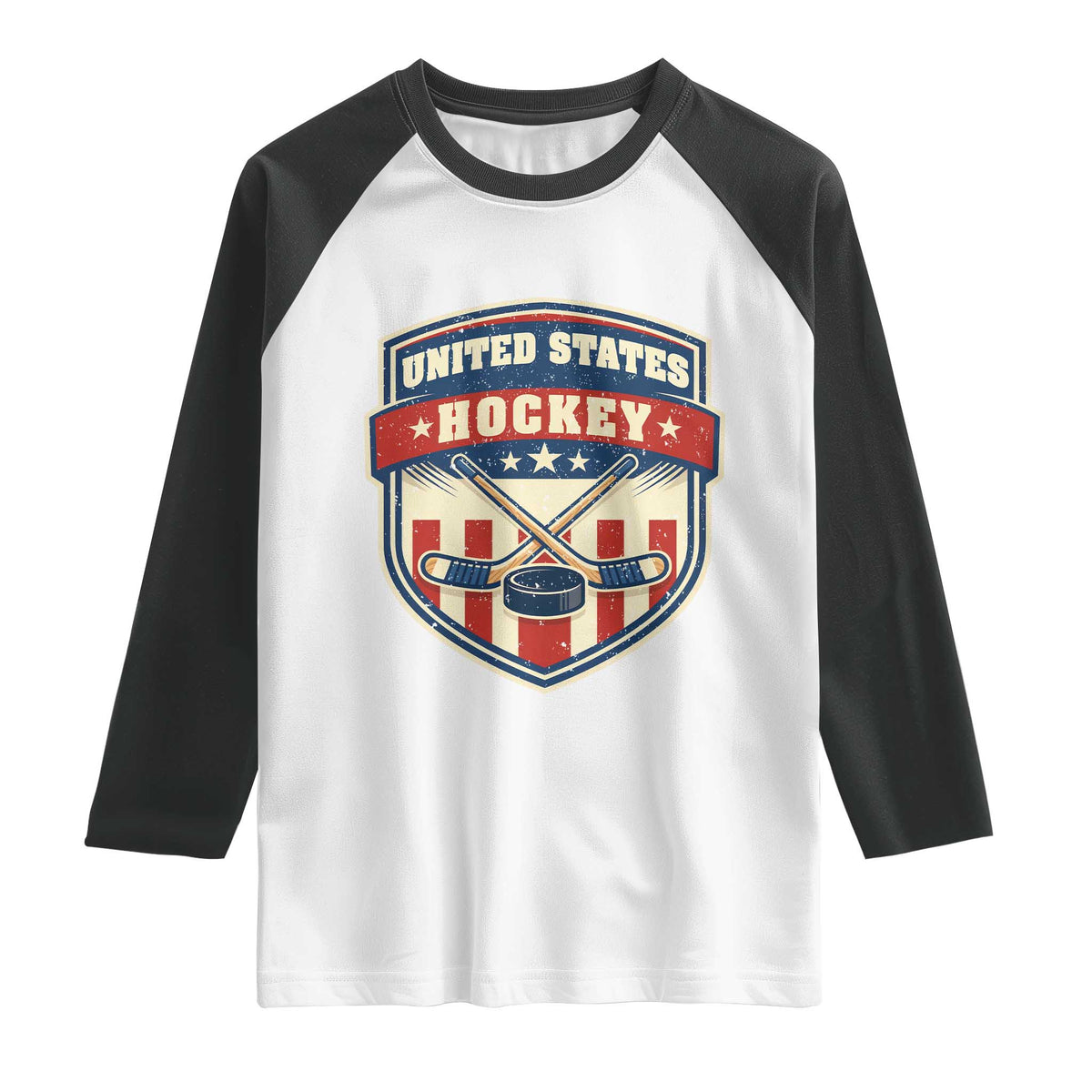 Hockey Crossed Sticks And Puck Retro USA Shield Flag Raglan Shirt Red White Blue Striped Patriotic Sports Fan Pride Graphic TS02 White Black Print Your Wear