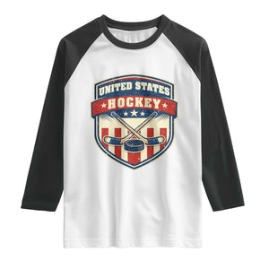 Hockey Crossed Sticks And Puck Retro USA Shield Flag Raglan Shirt Red White Blue Striped Patriotic Sports Fan Pride Graphic TS02 White Black Print Your Wear