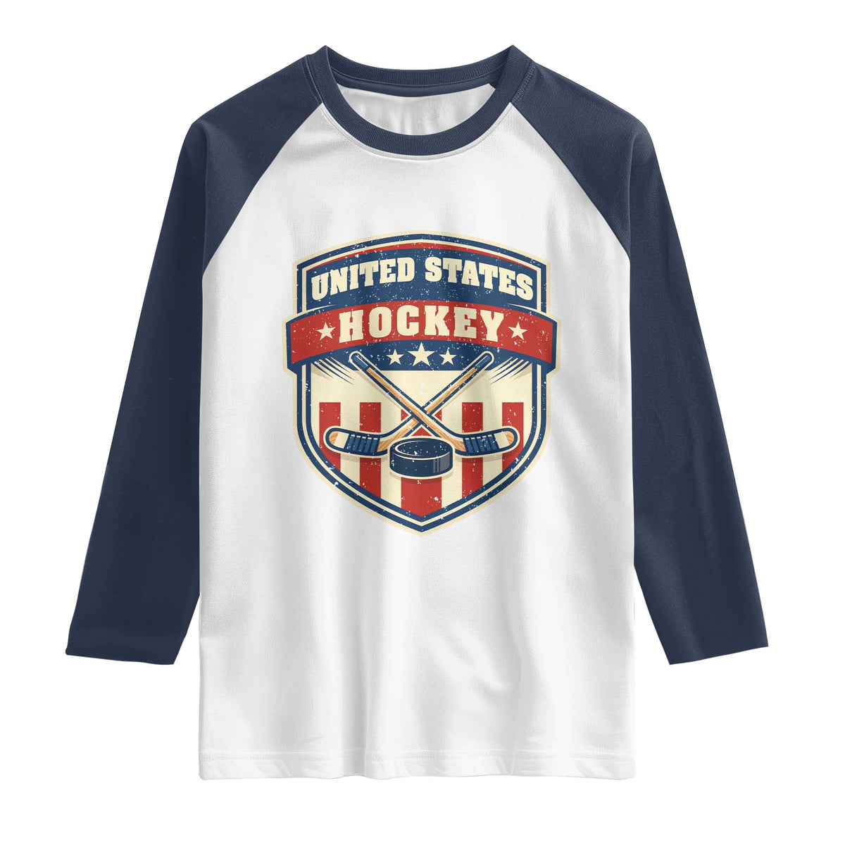 Hockey Crossed Sticks And Puck Retro USA Shield Flag Raglan Shirt Red White Blue Striped Patriotic Sports Fan Pride Graphic TS02 White Navy Print Your Wear