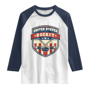 Hockey Crossed Sticks And Puck Retro USA Shield Flag Raglan Shirt Red White Blue Striped Patriotic Sports Fan Pride Graphic TS02 White Navy Print Your Wear