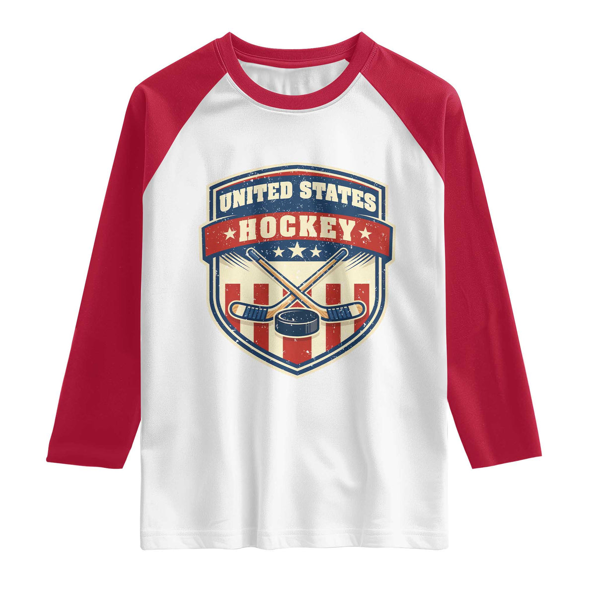 Hockey Crossed Sticks And Puck Retro USA Shield Flag Raglan Shirt Red White Blue Striped Patriotic Sports Fan Pride Graphic TS02 White Red Print Your Wear