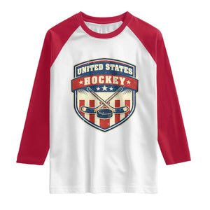 Hockey Crossed Sticks And Puck Retro USA Shield Flag Raglan Shirt Red White Blue Striped Patriotic Sports Fan Pride Graphic TS02 White Red Print Your Wear