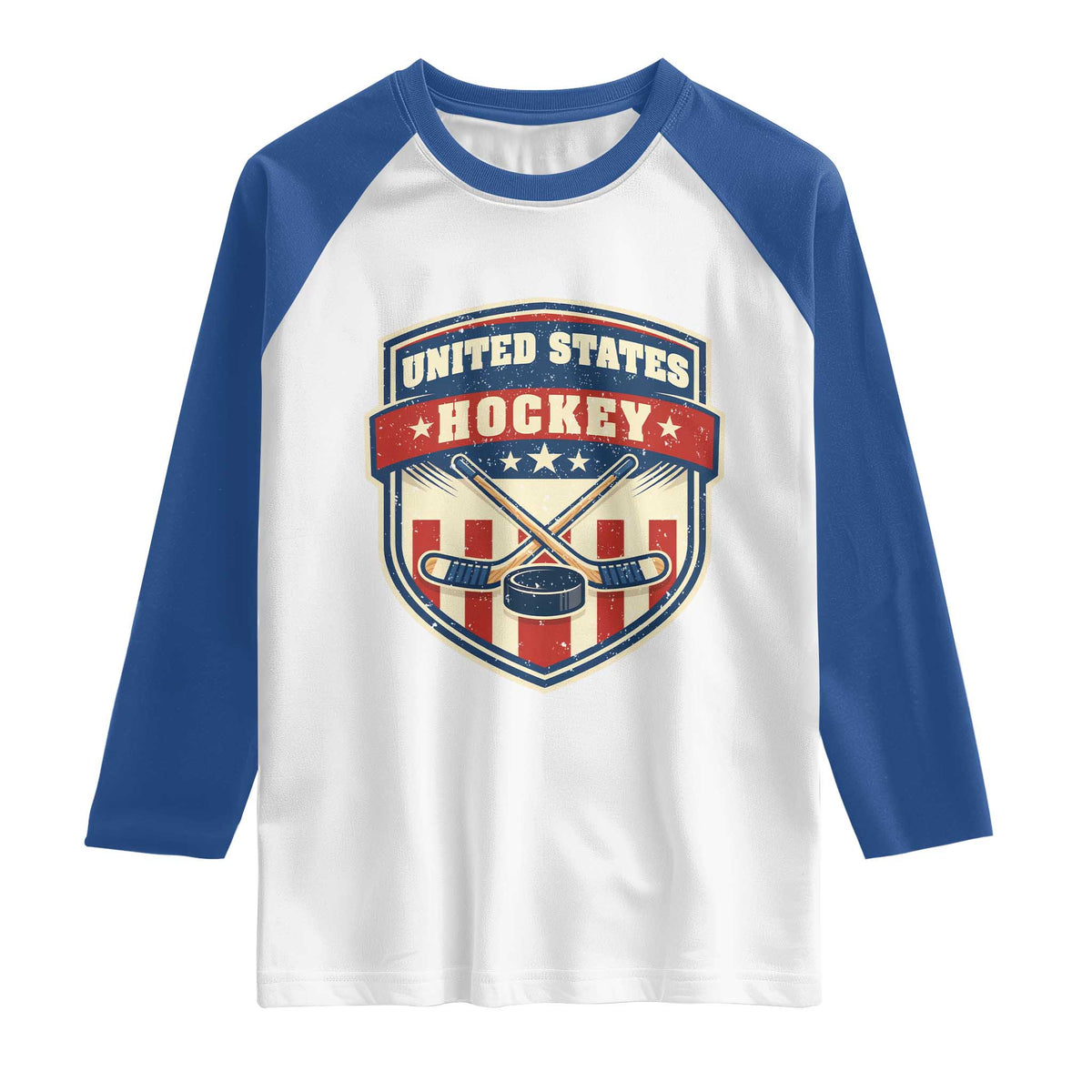 Hockey Crossed Sticks And Puck Retro USA Shield Flag Raglan Shirt Red White Blue Striped Patriotic Sports Fan Pride Graphic TS02 White Royal Print Your Wear