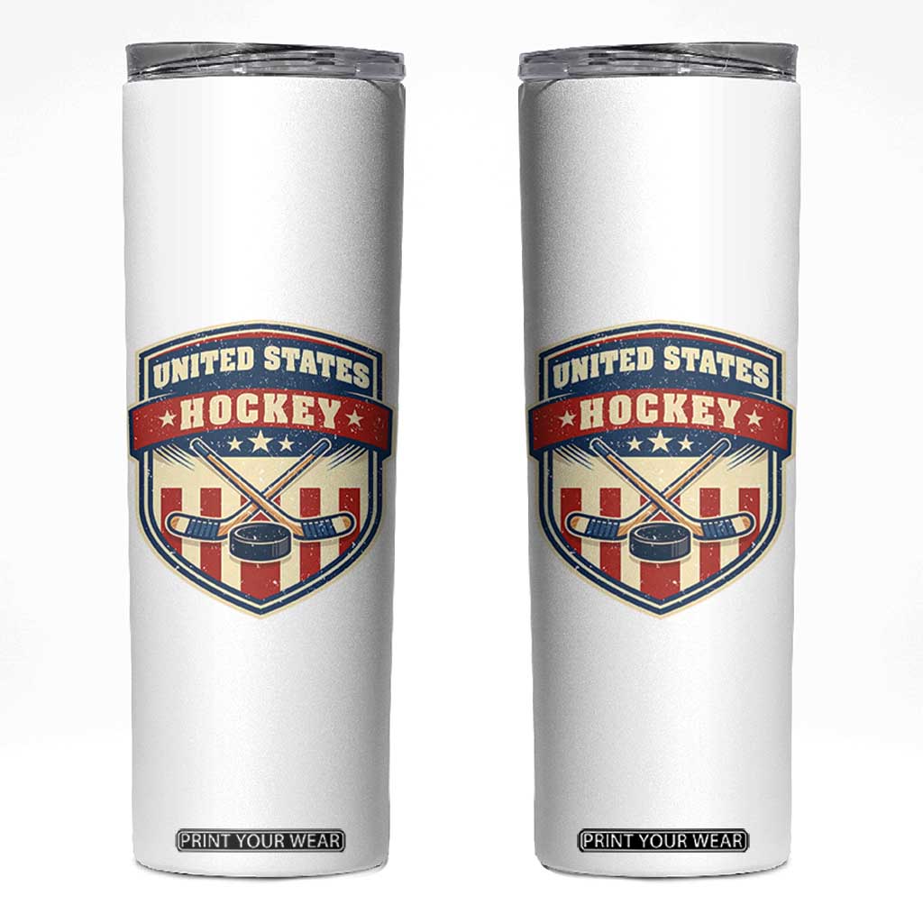 Hockey Crossed Sticks And Puck Retro USA Shield Flag Skinny Tumbler Red White Blue Striped Patriotic Sports Fan Pride Graphic TS02 White Print Your Wear