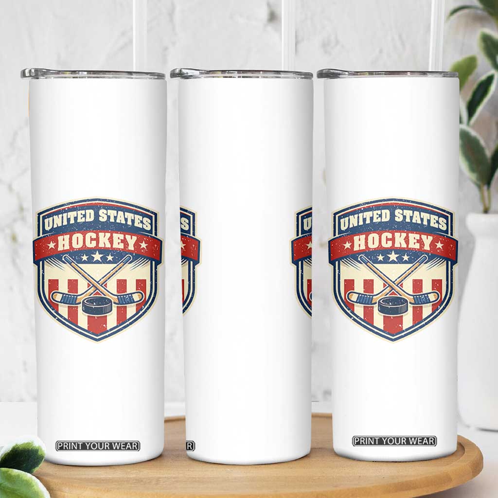 Hockey Crossed Sticks And Puck Retro USA Shield Flag Skinny Tumbler Red White Blue Striped Patriotic Sports Fan Pride Graphic TS02 Print Your Wear