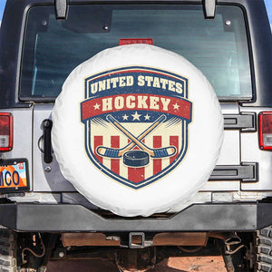Hockey Crossed Sticks And Puck Retro USA Shield Flag Spare Tire Cover Red White Blue Striped Patriotic Sports Fan Pride Graphic TS02 No hole White Print Your Wear