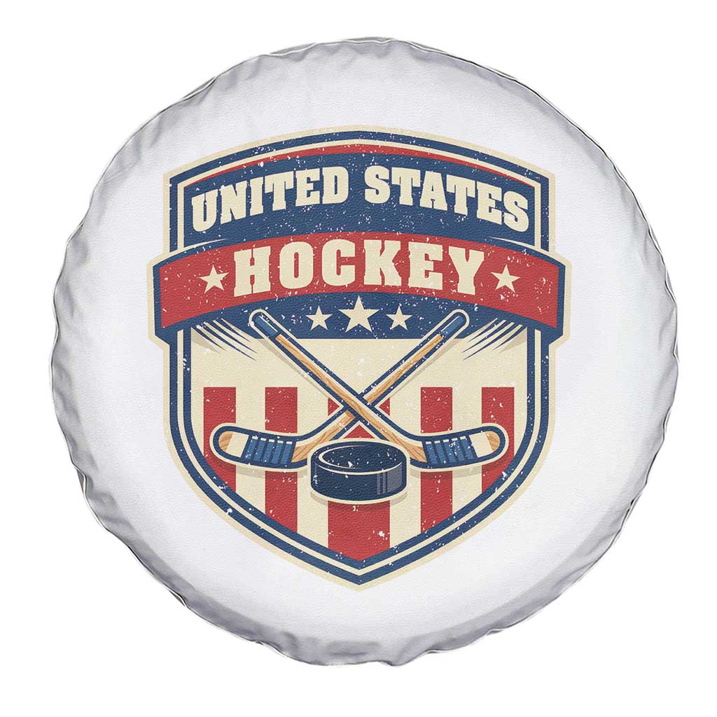 Hockey Crossed Sticks And Puck Retro USA Shield Flag Spare Tire Cover Red White Blue Striped Patriotic Sports Fan Pride Graphic TS02 Print Your Wear
