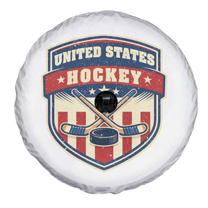 Hockey Crossed Sticks And Puck Retro USA Shield Flag Spare Tire Cover Red White Blue Striped Patriotic Sports Fan Pride Graphic TS02 Print Your Wear