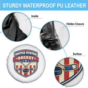 Hockey Crossed Sticks And Puck Retro USA Shield Flag Spare Tire Cover Red White Blue Striped Patriotic Sports Fan Pride Graphic TS02 Print Your Wear