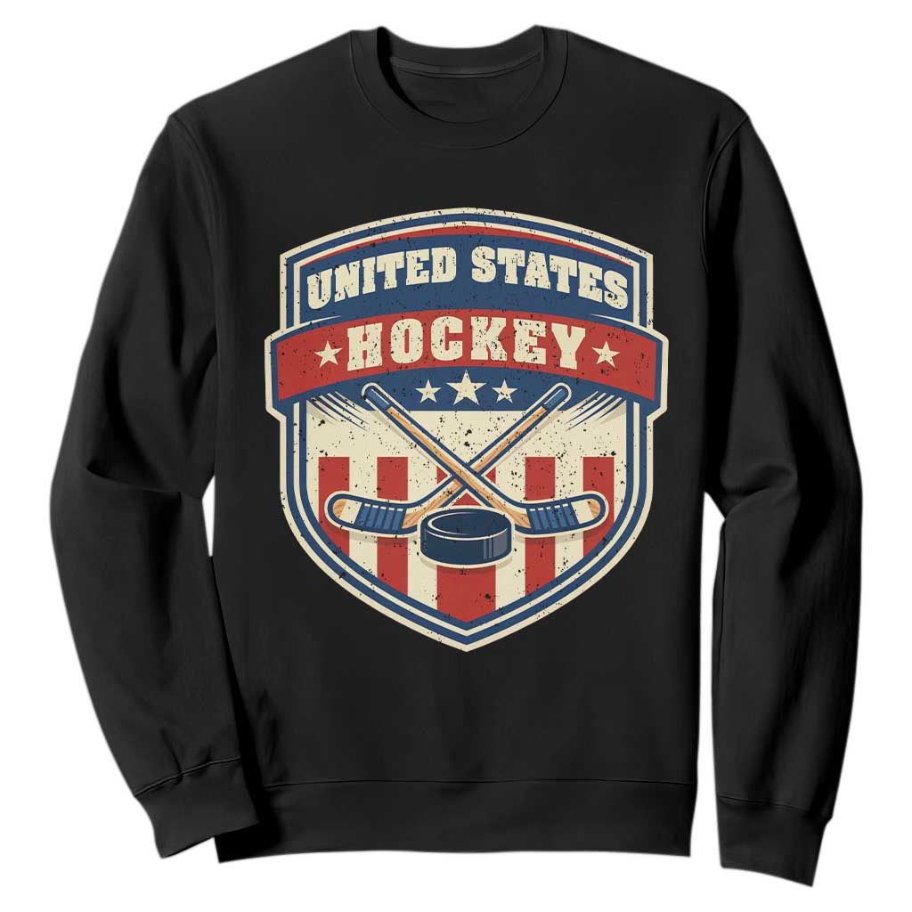 Hockey Crossed Sticks And Puck Retro USA Shield Flag Sweatshirt Red White Blue Striped Patriotic Sports Fan Pride Graphic TS02 Black Print Your Wear