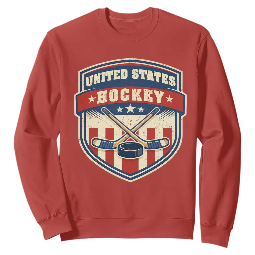 Hockey Crossed Sticks And Puck Retro USA Shield Flag Sweatshirt Red White Blue Striped Patriotic Sports Fan Pride Graphic TS02 Red Print Your Wear