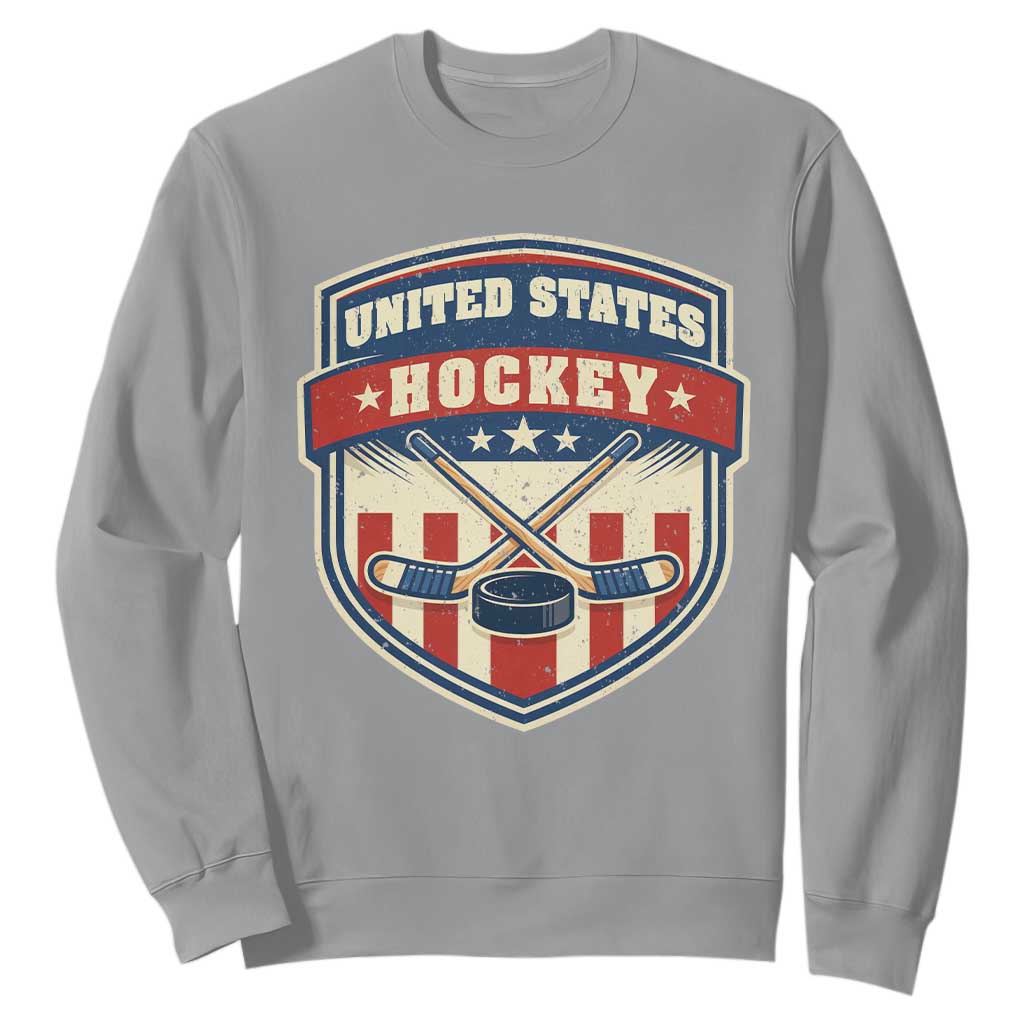 Hockey Crossed Sticks And Puck Retro USA Shield Flag Sweatshirt Red White Blue Striped Patriotic Sports Fan Pride Graphic TS02 Sport Gray Print Your Wear