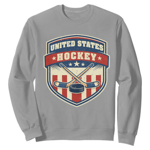 Hockey Crossed Sticks And Puck Retro USA Shield Flag Sweatshirt Red White Blue Striped Patriotic Sports Fan Pride Graphic TS02 Sport Gray Print Your Wear