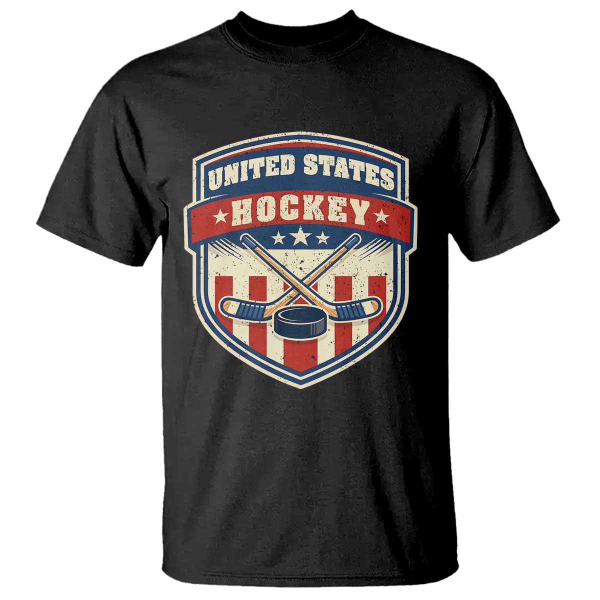 Hockey Crossed Sticks And Puck Retro USA Shield Flag T Shirt Red White Blue Striped Patriotic Sports Fan Pride Graphic TS02 Black Print Your Wear