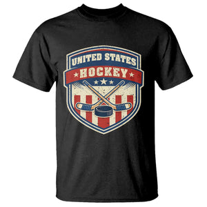 Hockey Crossed Sticks And Puck Retro USA Shield Flag T Shirt Red White Blue Striped Patriotic Sports Fan Pride Graphic TS02 Black Print Your Wear