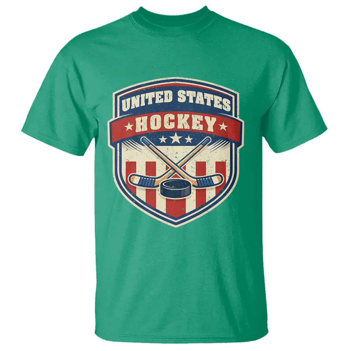 Hockey Crossed Sticks And Puck Retro USA Shield Flag T Shirt Red White Blue Striped Patriotic Sports Fan Pride Graphic TS02 Irish Green Print Your Wear