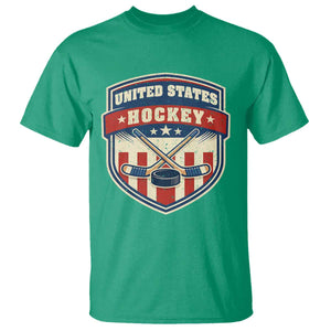 Hockey Crossed Sticks And Puck Retro USA Shield Flag T Shirt Red White Blue Striped Patriotic Sports Fan Pride Graphic TS02 Irish Green Print Your Wear