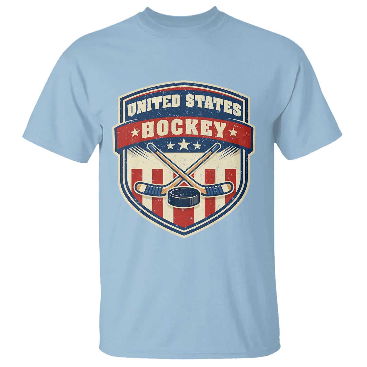 Hockey Crossed Sticks And Puck Retro USA Shield Flag T Shirt Red White Blue Striped Patriotic Sports Fan Pride Graphic TS02 Light Blue Print Your Wear