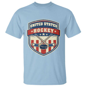 Hockey Crossed Sticks And Puck Retro USA Shield Flag T Shirt Red White Blue Striped Patriotic Sports Fan Pride Graphic TS02 Light Blue Print Your Wear