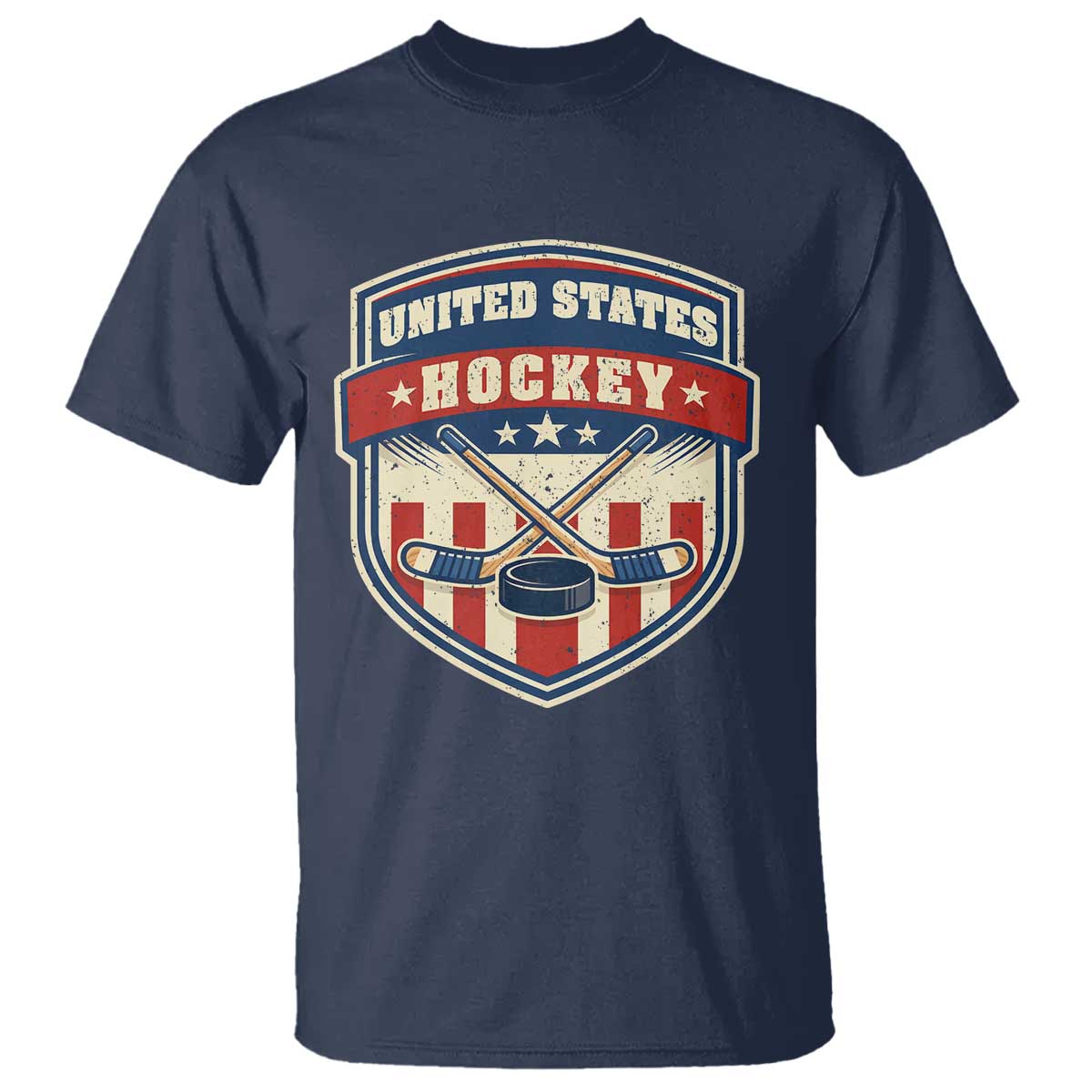 Hockey Crossed Sticks And Puck Retro USA Shield Flag T Shirt Red White Blue Striped Patriotic Sports Fan Pride Graphic TS02 Navy Print Your Wear