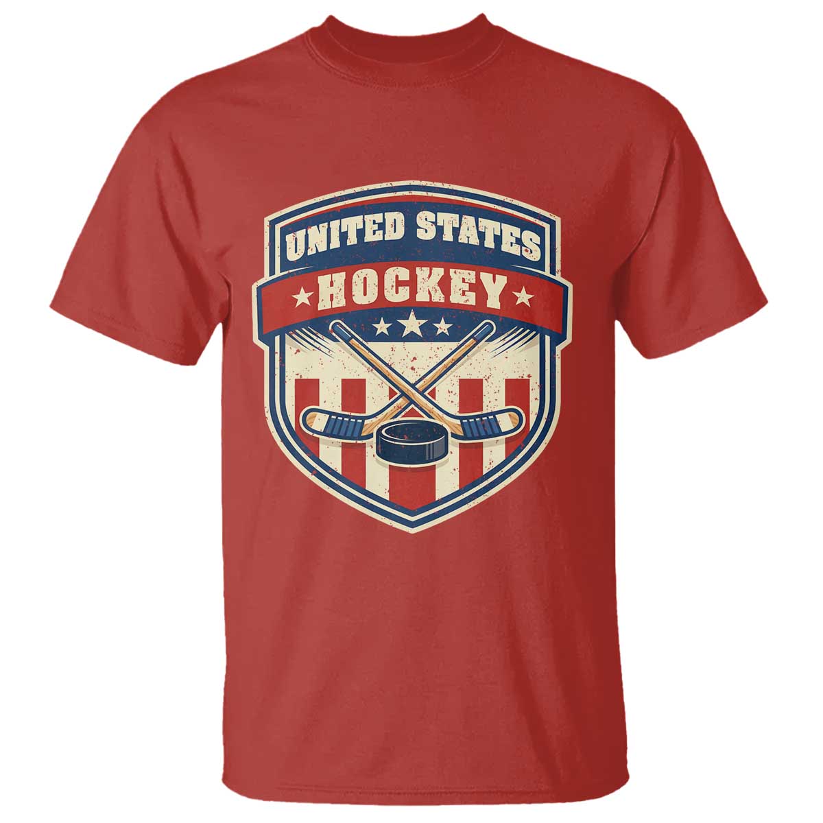Hockey Crossed Sticks And Puck Retro USA Shield Flag T Shirt Red White Blue Striped Patriotic Sports Fan Pride Graphic TS02 Red Print Your Wear