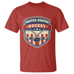Hockey Crossed Sticks And Puck Retro USA Shield Flag T Shirt Red White Blue Striped Patriotic Sports Fan Pride Graphic TS02 Red Print Your Wear