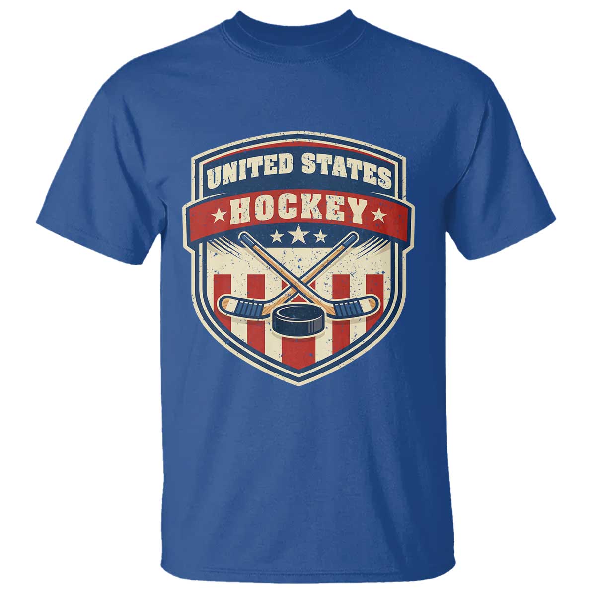 Hockey Crossed Sticks And Puck Retro USA Shield Flag T Shirt Red White Blue Striped Patriotic Sports Fan Pride Graphic TS02 Royal Blue Print Your Wear