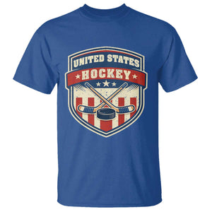 Hockey Crossed Sticks And Puck Retro USA Shield Flag T Shirt Red White Blue Striped Patriotic Sports Fan Pride Graphic TS02 Royal Blue Print Your Wear