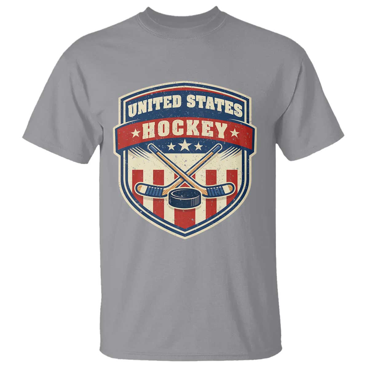 Hockey Crossed Sticks And Puck Retro USA Shield Flag T Shirt Red White Blue Striped Patriotic Sports Fan Pride Graphic TS02 Sport Gray Print Your Wear