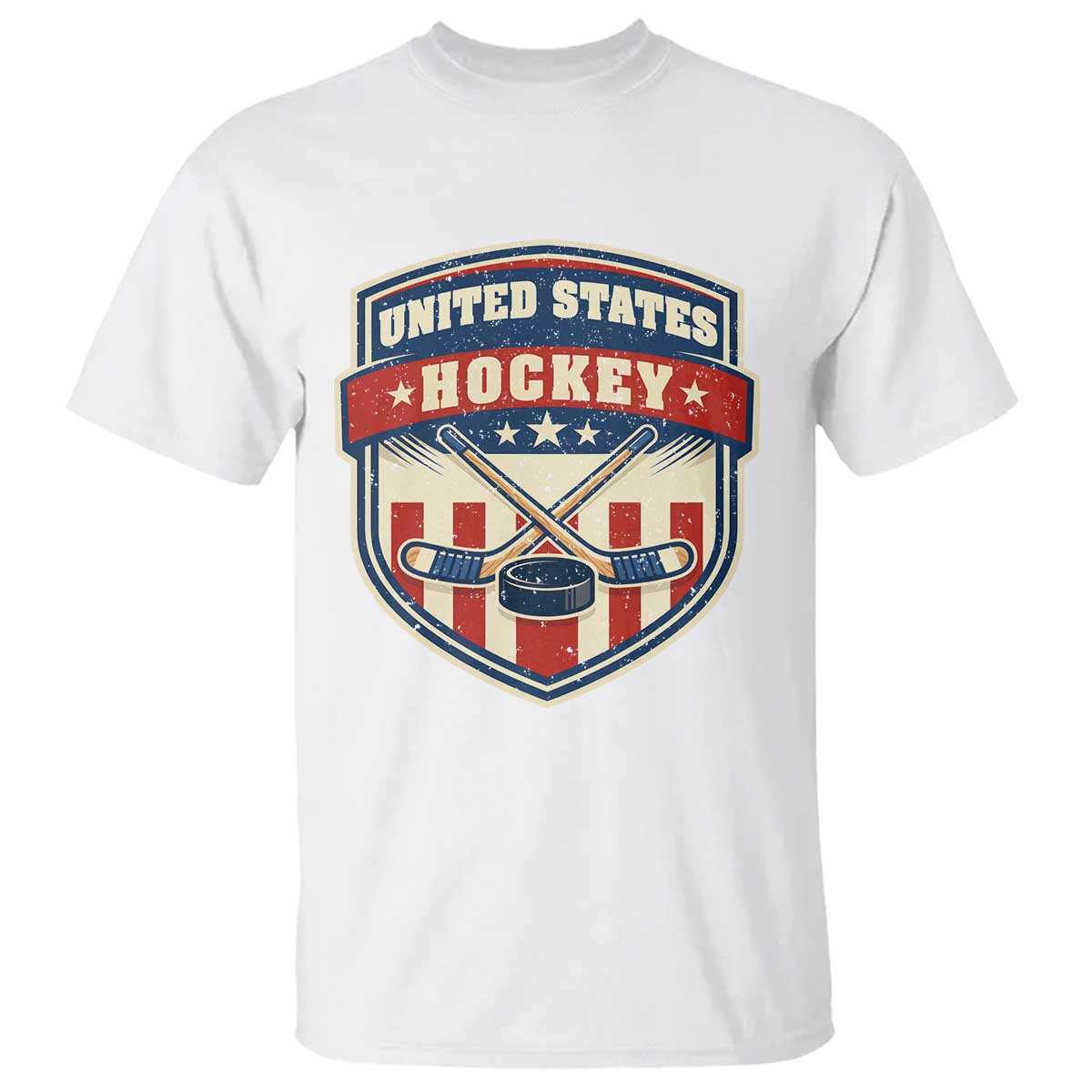 Hockey Crossed Sticks And Puck Retro USA Shield Flag T Shirt Red White Blue Striped Patriotic Sports Fan Pride Graphic TS02 White Print Your Wear